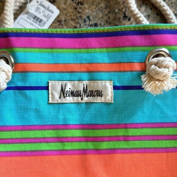 Neiman Marcus bright stripe knot rope handle small tote. 14 x 10 1/2 x 4 1/2 in. - Picture 2 of 5